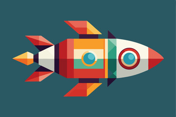 Poster - Flat rocket ship with geometric fins in vibrant space colors traveling through the cosmos