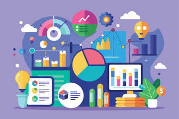 Poster - Infographic data concept showcasing various elements of data visualization in a colorful and engaging flat illustration style