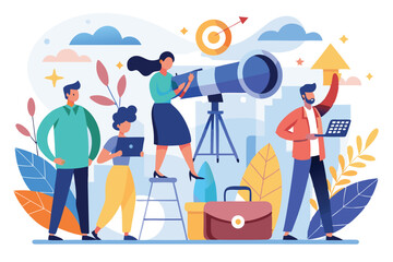 Poster - Teamwork and focus lead to successful goals through observation and study in a bright and optimistic environment with a telescope