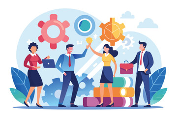 Poster - Team collaboration in a modern business setting showcasing diverse professionals sharing ideas and working with innovative technology in a creative environment