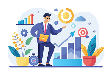Poster - Businessman analyzes growth strategy and opportunities in a modern workspace with charts and graphs in the background