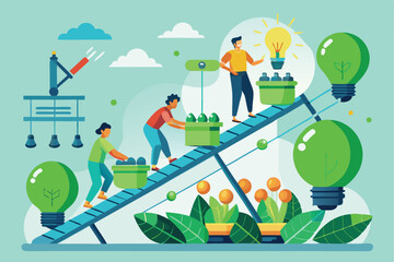 Poster - Employees coordinating the efficient arrangement of products on a conveyor system during a collaborative workplace setting