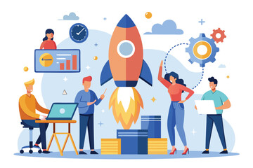 Poster - Entrepreneurship teamwork with startup individuals preparing for launch using technology and creativity in a bright workspace
