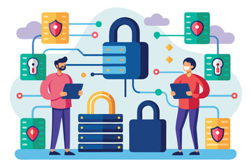Aufkleber - Locking digital passwords as two people engage in cybersecurity practices in a modern, technology-driven environment focused on data protection