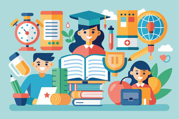 Poster - Vector illustration featuring various education and school items showcasing students engaging with their learning environment in a vibrant and colorful setting