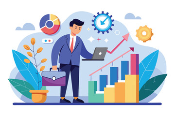 Poster - Businessman analyzes strategies for growth with laptop and visual data representations at a modern workspace during a productive meeting