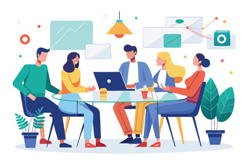 Poster - Collaborative meeting in a minimalist office with geometric figures discussing ideas and strategies