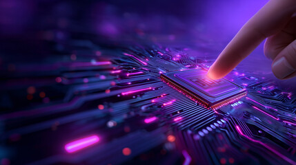 Poster - A finger lightly touches a shining microchip on a detailed circuit board. The background features vibrant purple and blue lights, enhancing the technological atmosphere of the moment