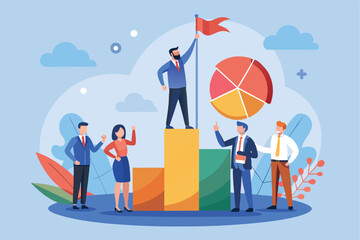 Poster - Business team celebrating success with a leader on top of a bar chart, representing achievement and growth in a collaborative environment