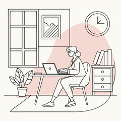 Poster - Woman working on a laptop in a minimalist home office setting, surrounded by plants and books, showcasing a serene environment and organized workspace during daytime