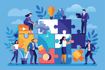 Poster - Business teamwork concept vector illustration depicting diverse professionals collaborating on a puzzle in a creative workspace