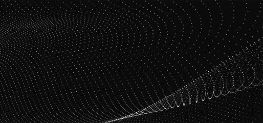 Fototapete - Futuristic dot wave. Abstract digital particle wave. Black and white music wave. Dark background. Digital background with smooth wavy curves. 3D rendering