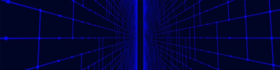 Fototapete - Futuristic colorful perspective grid. Abstract wireframe with blue grid on black background. Virtual landscape in digital style of 80s 90s. Simple perspective grid for design. 3D rendering