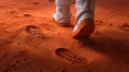 Wall Mural - an astronaut walks over the red, dusty terrain of mars, leaving
