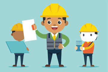 Poster - Civil engineer overseeing construction project while holding plans in a busy work environment with colleagues wearing safety gear