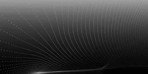 Fototapete - Futuristic dot wave. Abstract digital particle wave. Black and white music wave. Dark background. Digital background with smooth wavy curves. 3D rendering
