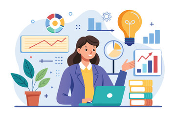 Poster - Businesswoman analyzing project initiation concepts with visual graphics and data charts in a modern office environment
