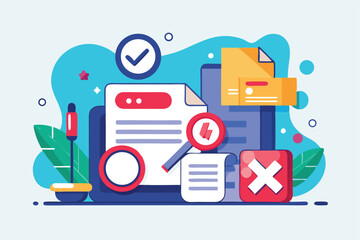 Poster - No result data concept with digital elements representing lost or unprocessed documents in a creative layout depicting a search and verification process