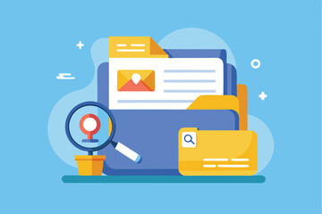 Poster - Searching for documents in office folders while managing files using organizational tools and a magnifying glass in a bright workspace