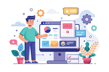 Poster - Flat illustration showcasing a user interface builder with a person interacting with a computer monitor displaying various design elements and graphical tools