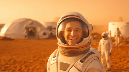 Wall Mural - astronauts smile and work diligently on mars, building a base am