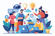 © Iftikhar alam - Teamwork enhances creativity and productivity among colleagues in a collaborative office environment with various tools and ideas represented