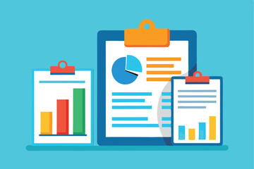 Poster - Chart analysis and data presentation with clipboards illustrating various metrics and information for effective decision making in a workplace setting