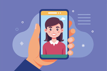 Poster - Hand holding a smartphone displaying a cheerful person during a video chat in a colorful, modern environment with abstract background elements