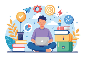 Poster - Self development and improvement theme illustrating a young man working on a laptop surrounded by books, charts, and motivational symbols in a vibrant and uplifting environment