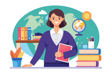 Poster - Female teacher standing confidently in a classroom with books, chalkboard, and educational materials, ready to inspire students