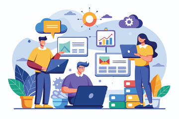 Poster - Professionals collaborate in a bright and engaging workspace to manage data using laptops, showcasing teamwork and technology in a modern setting during daylight