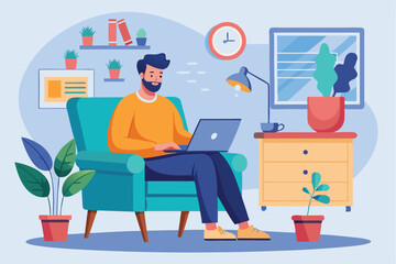 Poster - Man working on laptop while sitting comfortably in an armchair at home surrounded by plants and natural light during daytime