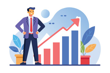 Poster - Businessman stands proudly next to growth chart showing increasing trends in data and opportunities for success