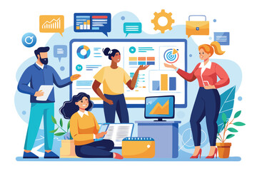 Poster - Business team collaboratively analyzes web reports in a bright office environment to improve performance and strategy in project planning during team meeting