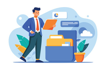 Fototapete - Tiny businessman proudly managing data backup inside a large folder with graphical elements and vibrant foliage in a modern office setting