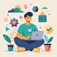 Poster - Remote work illustration showing a person using a laptop with plants, graphics, and icons in a flat design vector style