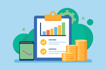 Poster - Chart on clipboard with financial data alongside graphical representation and stacks of coins in a professional setting