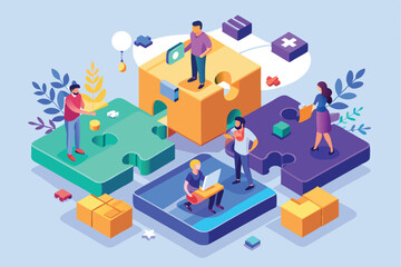 Poster - Teamwork concept displayed with colorful puzzle pieces and diverse individuals collaborating in an imaginative workspace environment