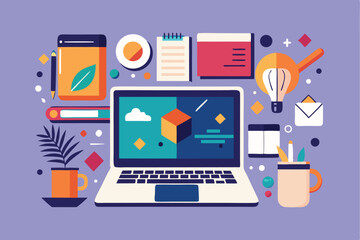 Poster - Creative workspace featuring a laptop surrounded by office supplies and design elements for inspiration and productivity