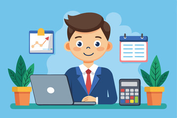 Aufkleber - Remote accountant working diligently at a desk with plants, charts, and tools in a bright digital workspace