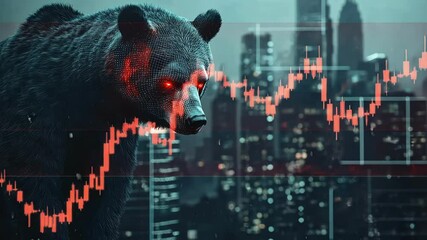 Poster - Bear with glowing red eyes represents a bear market, symbolizing an economic downturn, against the backdrop of a cityscape and a falling candlestick chart
