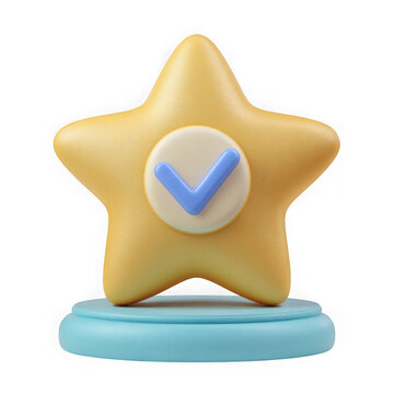 3d rendered yellow star with blue checkmark on podium isolated on transparent background