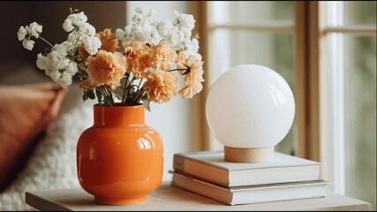 Poster - Bright and cheerful home decor featuring vibrant flowers and a modern lamp on a stylish table