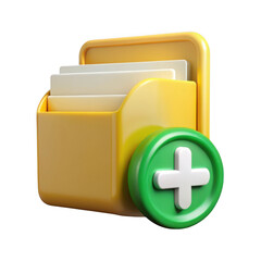 Poster - 3d rendered yellow folder with green plus icon isolated on transparent background