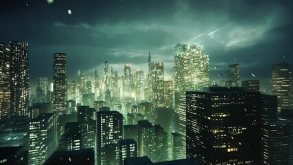 Poster - Glowing skyscrapers dominate a futuristic cityscape under a heavy downpour at night, creating a mesmerizing blend of urban life and atmospheric conditions