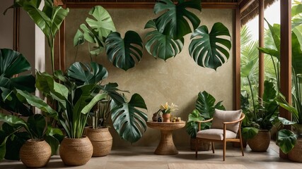Poster - Lush Indoor Greenery Enhancing a Cozy Living Space With Natural Elements and Artistic Decor During Daylight