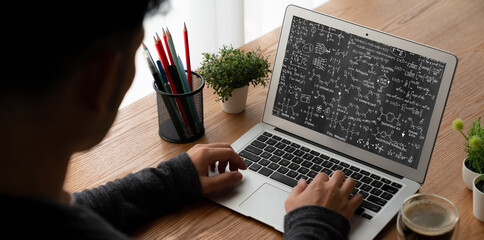 Poster - Mathematic equations and modish formula on computer screen showing concept of science and education