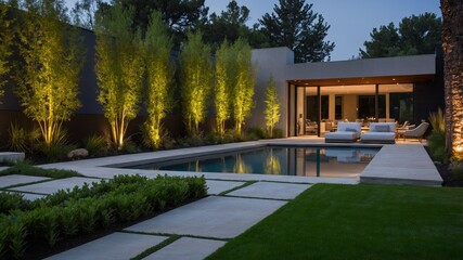 Poster - Elegant Outdoor Pool Area Illuminated by Soft Lighting in a Modern Garden at Twilight, Showcasing Lush Greenery and Contemporary Design