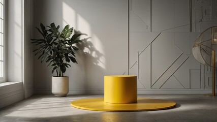 Poster - Modern Interior Design Featuring a Vibrant Yellow Pedestal in a Stylish Room With Natural Light and Decorative Plants