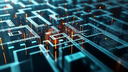 Aufkleber - Complex network of servers with glowing orange and blue lights, forming an intricate digital maze, symbolizing data flow and processing in a futuristic server room environment